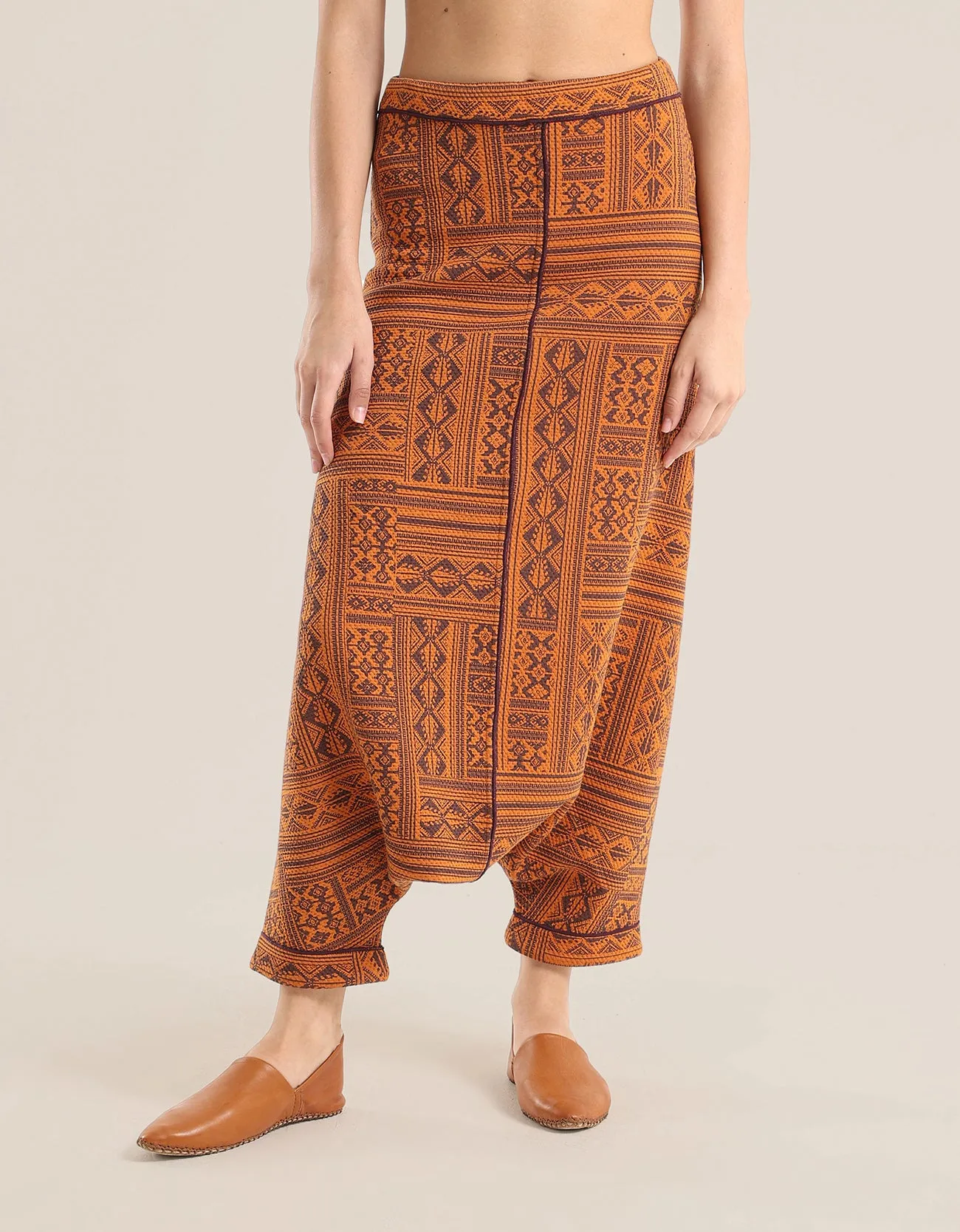 printed quilted  harem pants with contrast colour stitching