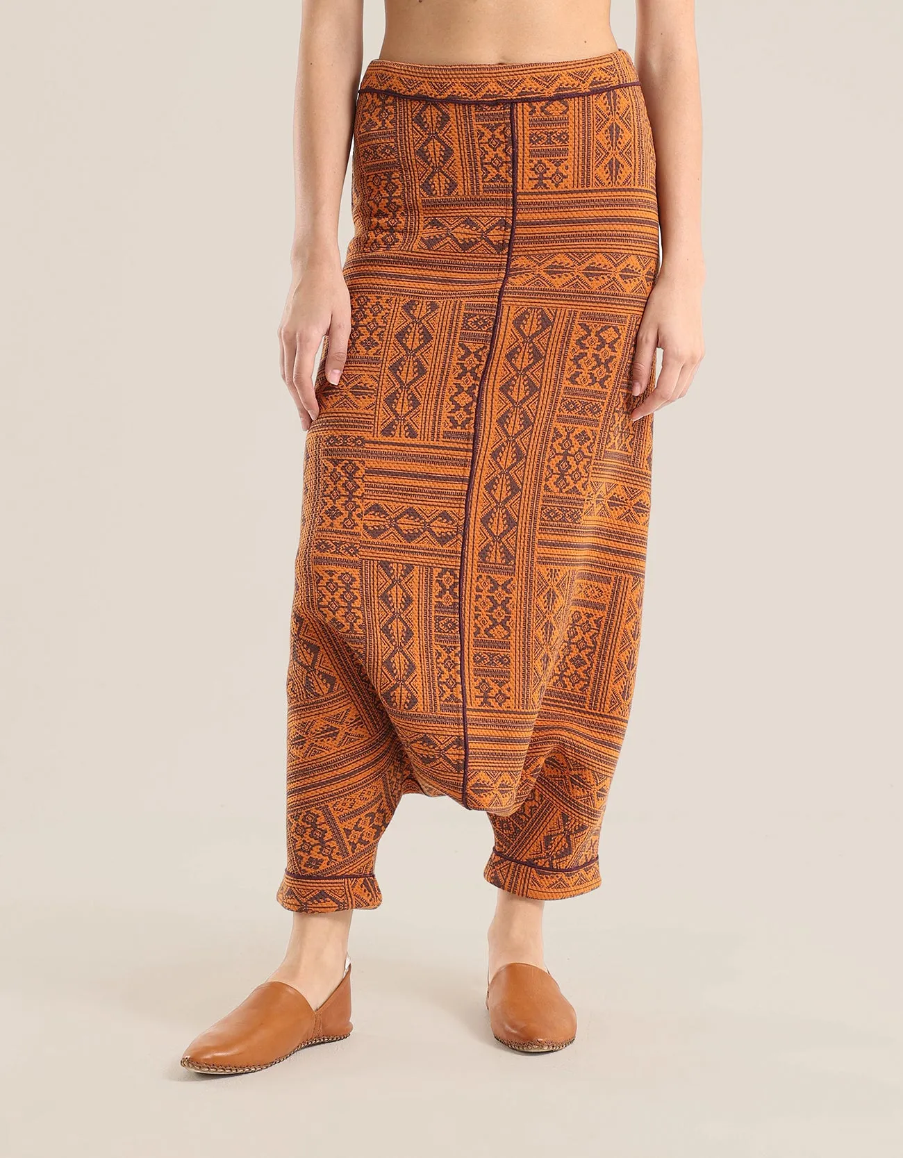 printed quilted  harem pants with contrast colour stitching