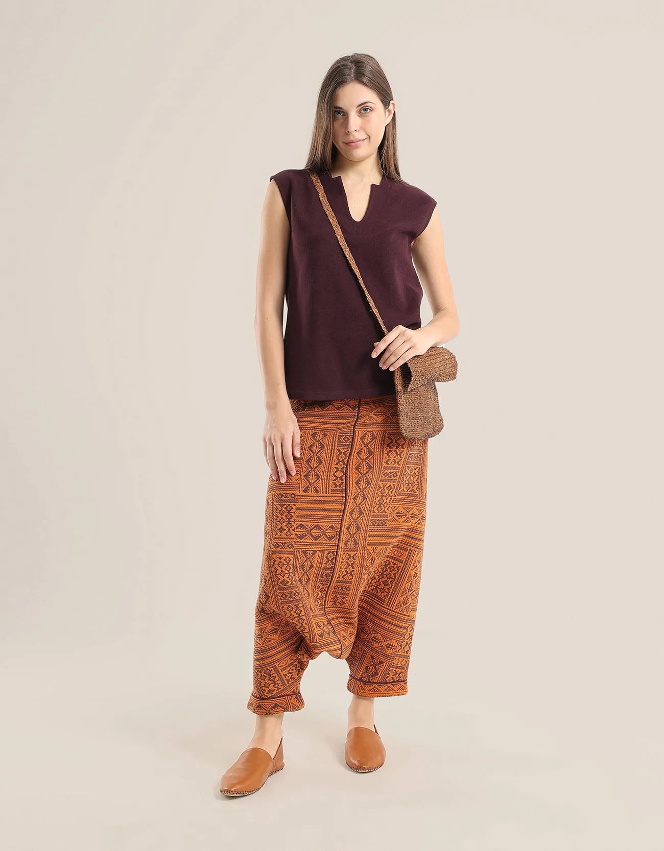 printed quilted  harem pants with contrast colour stitching