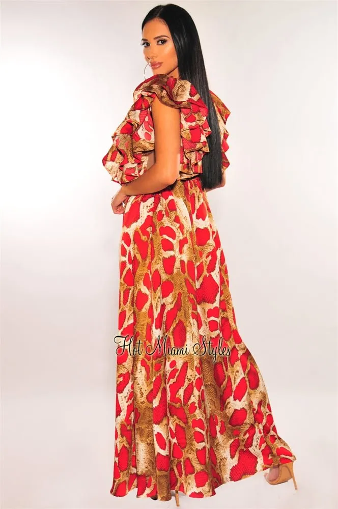 Red Snake Print Plunge V Neck Ruffle Sleeve Maxi Dress