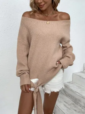 Ribbed Tied Off-Shoulder Sweater