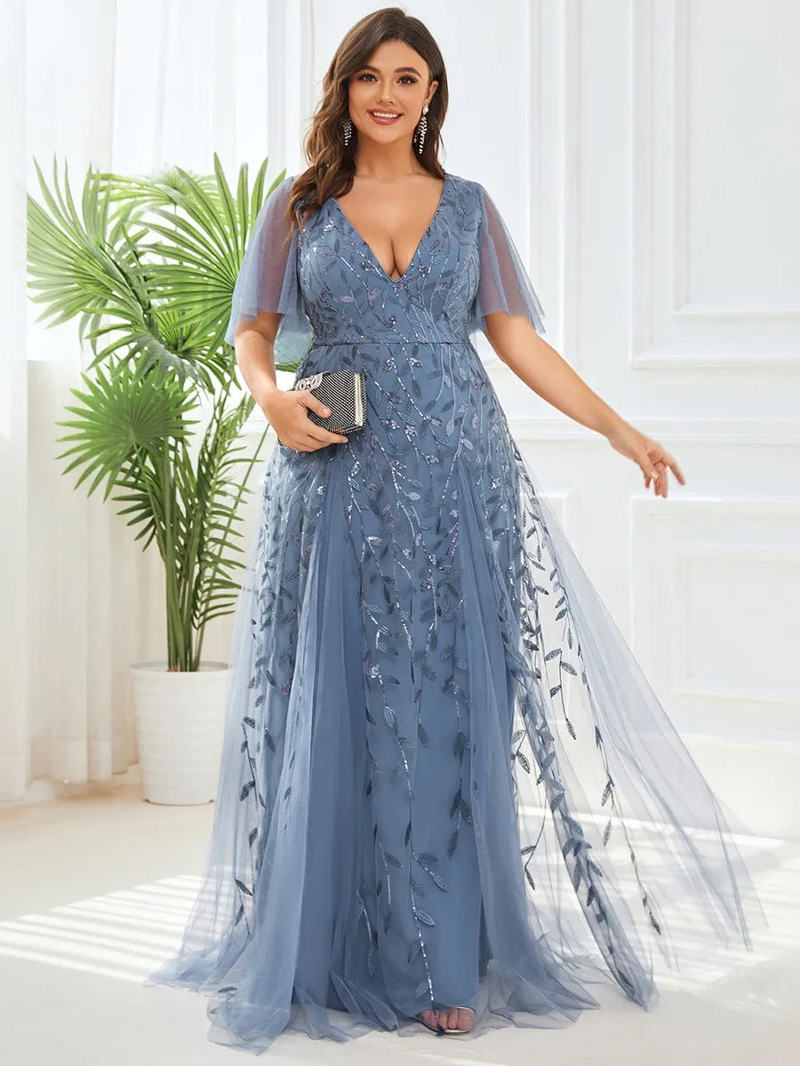 Romantic Shimmery V Neck Ruffle Sleeves Maxi Long Evening Gowns