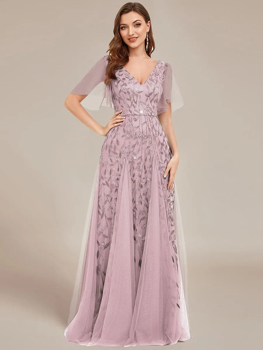 Romantic Shimmery V Neck Ruffle Sleeves Maxi Long Evening Gowns