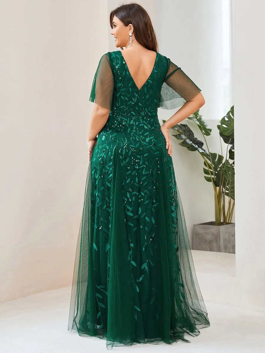 Romantic Shimmery V Neck Ruffle Sleeves Maxi Long Evening Gowns