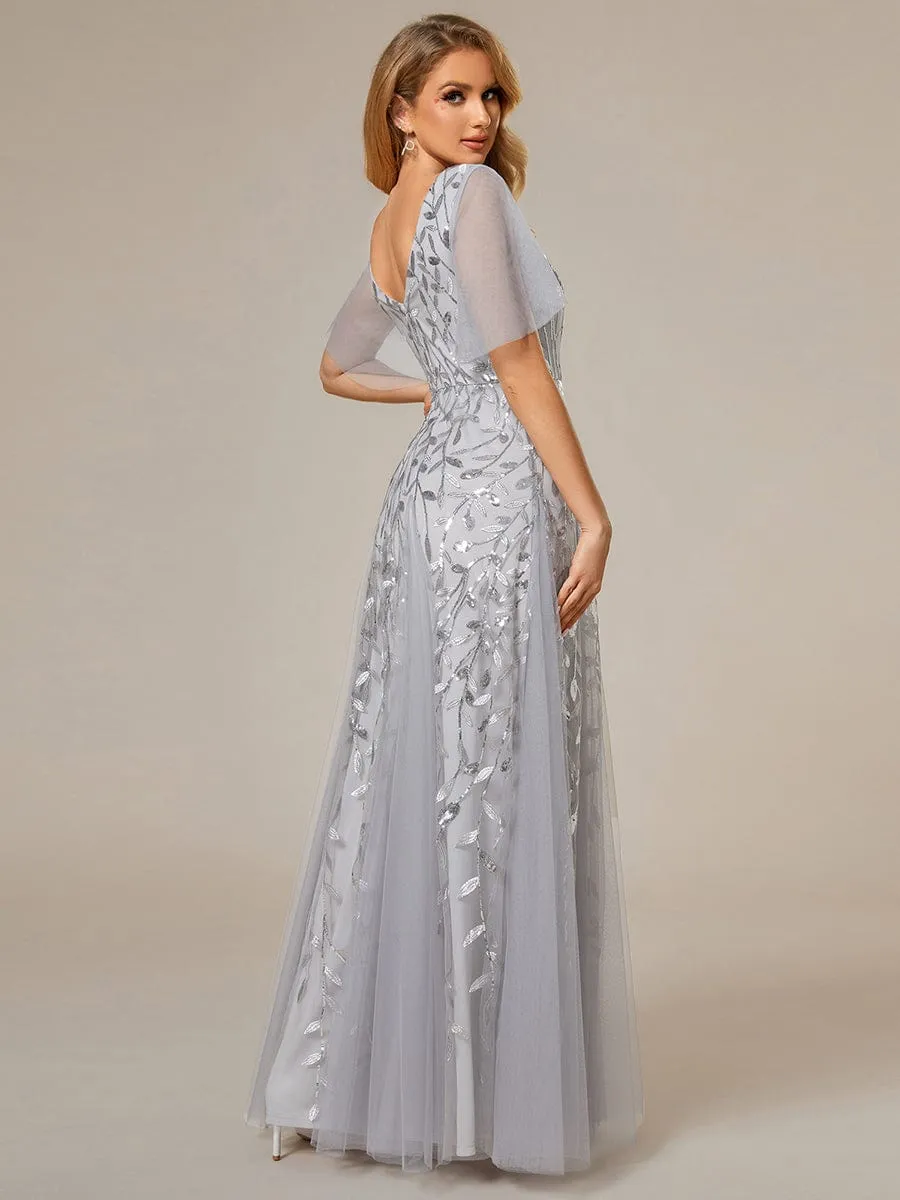 Romantic Shimmery V Neck Ruffle Sleeves Maxi Long Evening Gowns