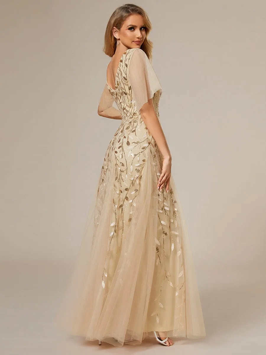 Romantic Shimmery V Neck Ruffle Sleeves Maxi Long Evening Gowns