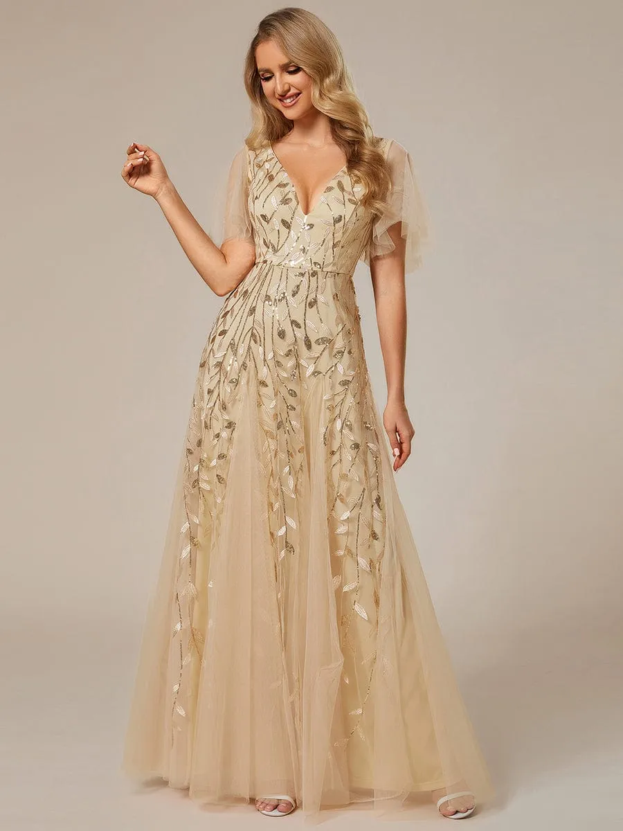 Romantic Shimmery V Neck Ruffle Sleeves Maxi Long Evening Gowns