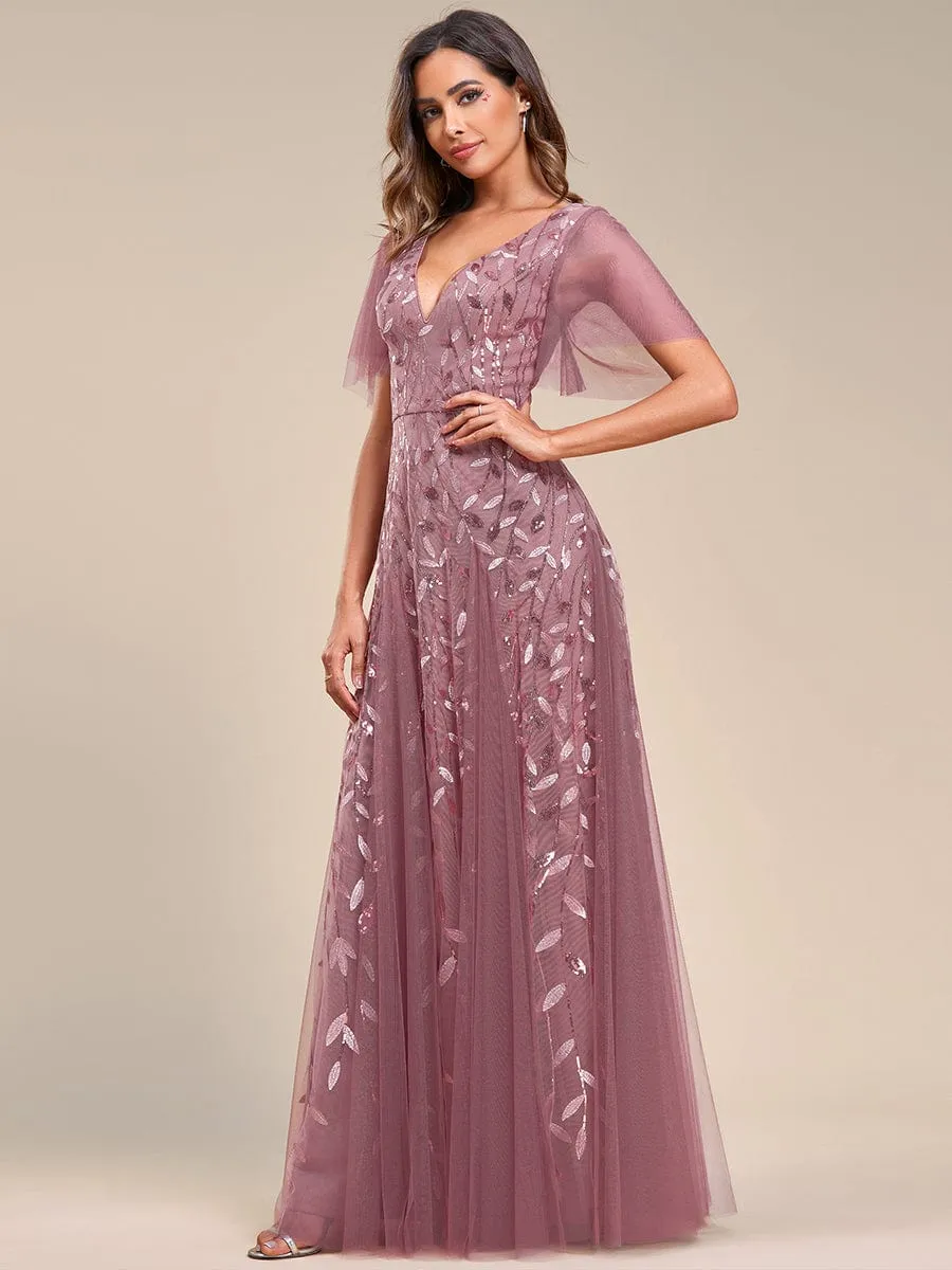 Romantic Shimmery V Neck Ruffle Sleeves Maxi Long Evening Gowns