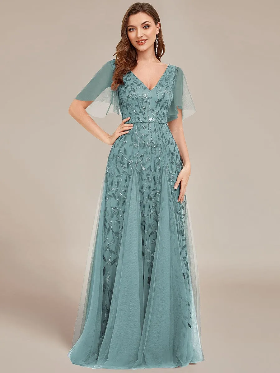 Romantic Shimmery V Neck Ruffle Sleeves Maxi Long Evening Gowns