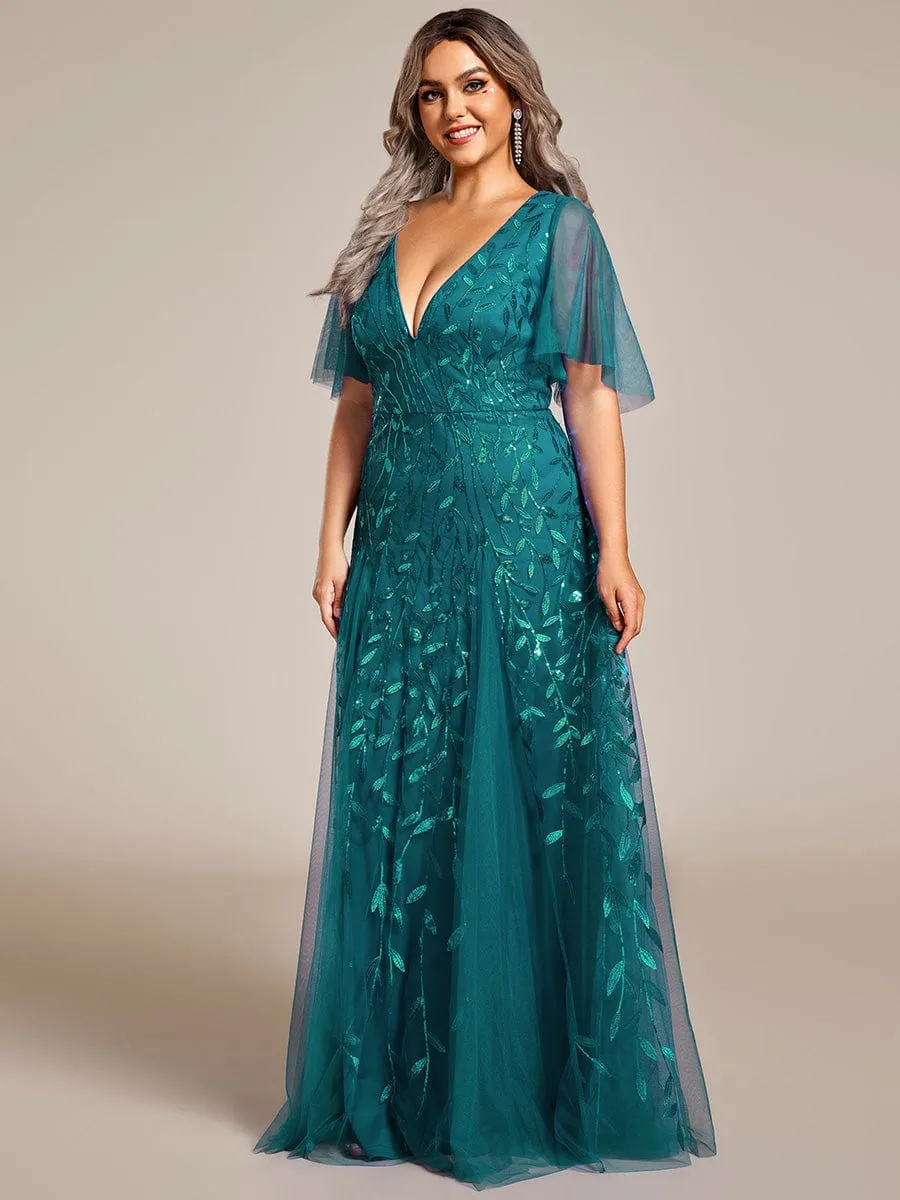 Romantic Shimmery V Neck Ruffle Sleeves Maxi Long Evening Gowns