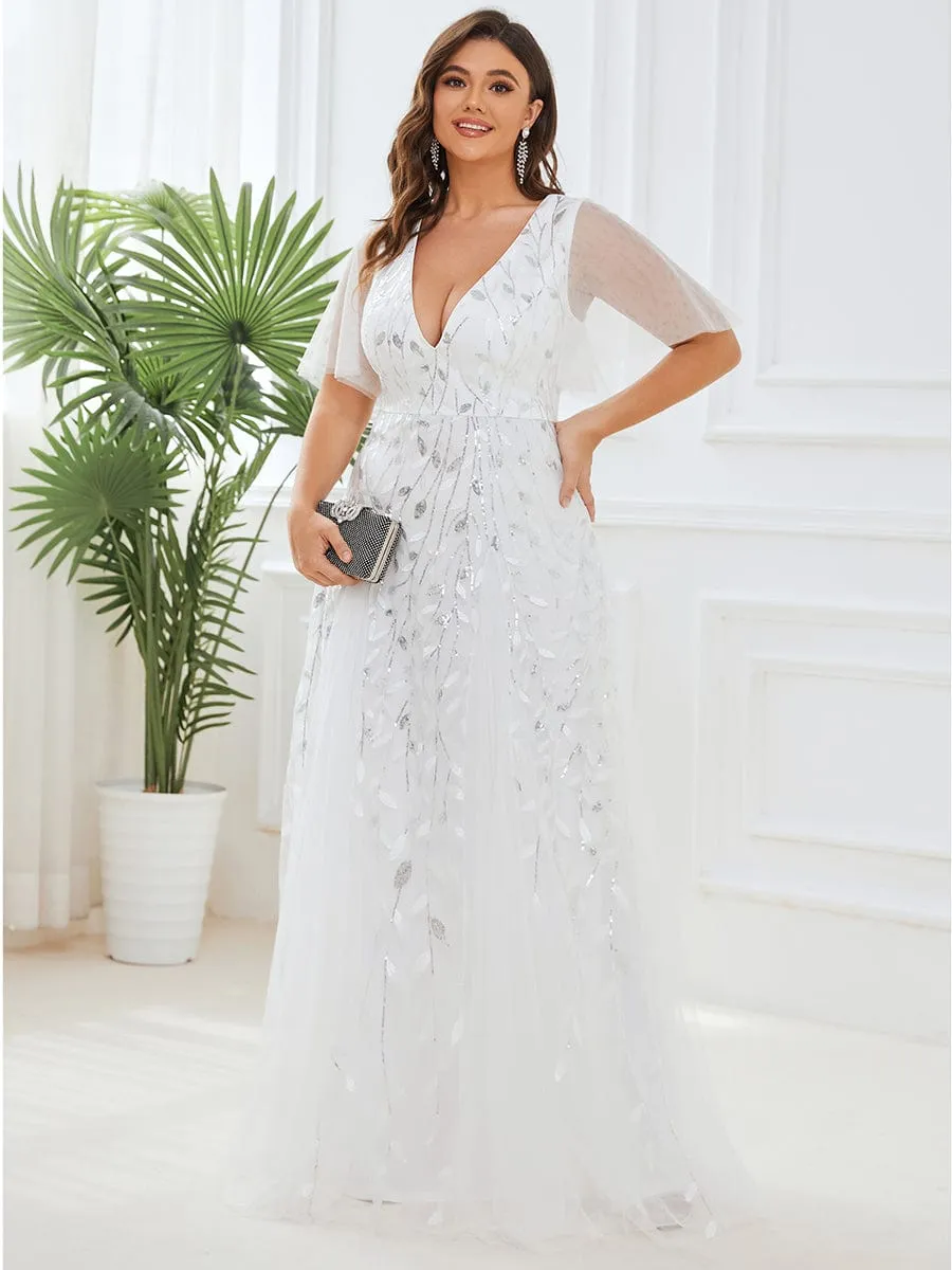 Romantic Shimmery V Neck Ruffle Sleeves Maxi Long Evening Gowns