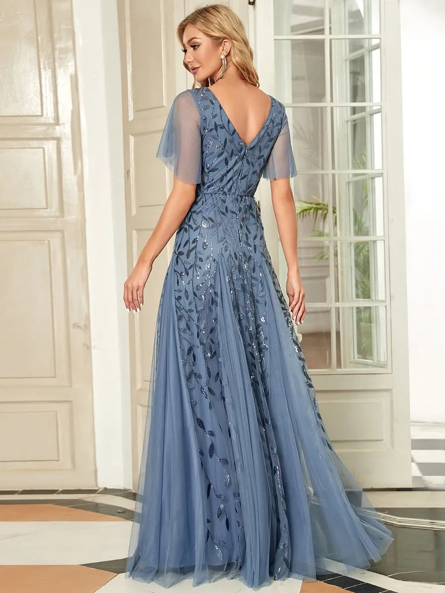 Romantic Shimmery V Neck Ruffle Sleeves Maxi Long Evening Gowns