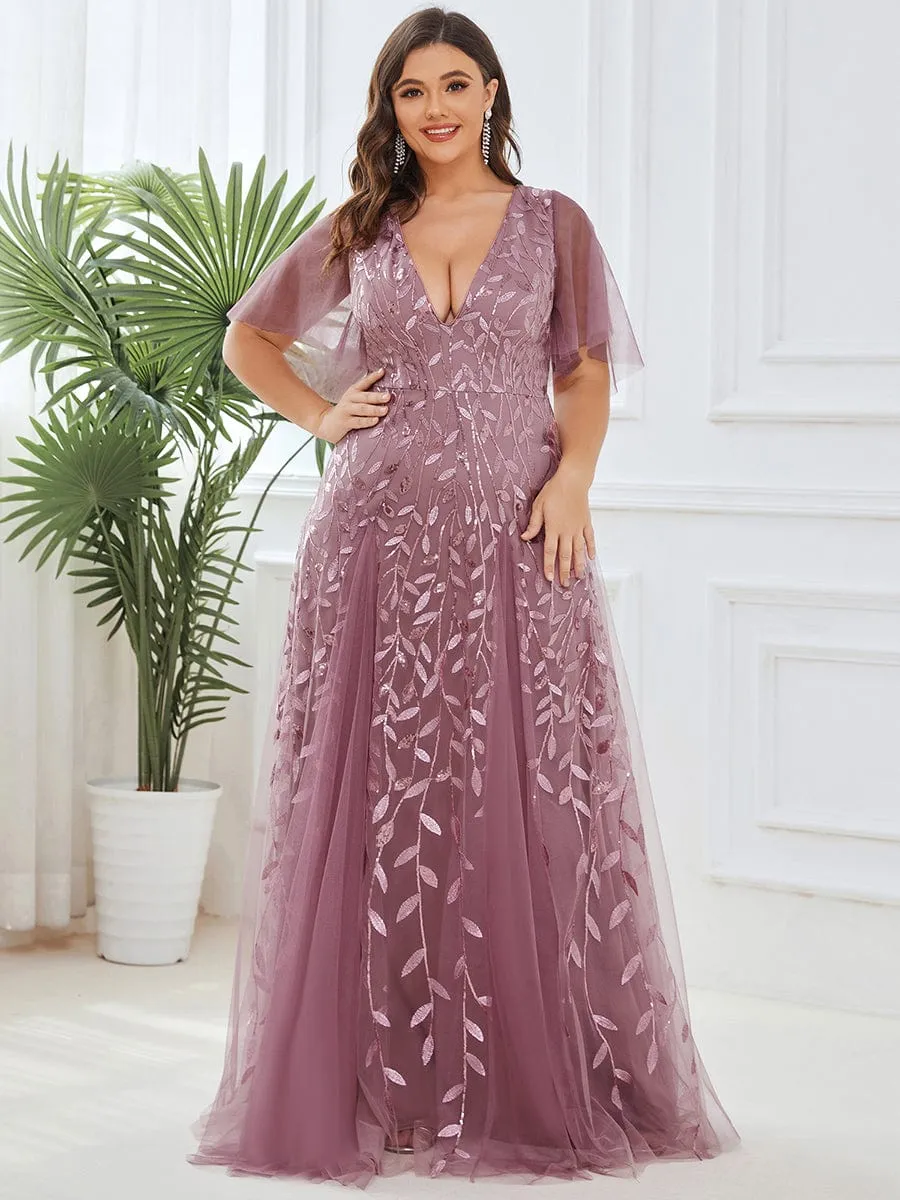 Romantic Shimmery V Neck Ruffle Sleeves Maxi Long Evening Gowns