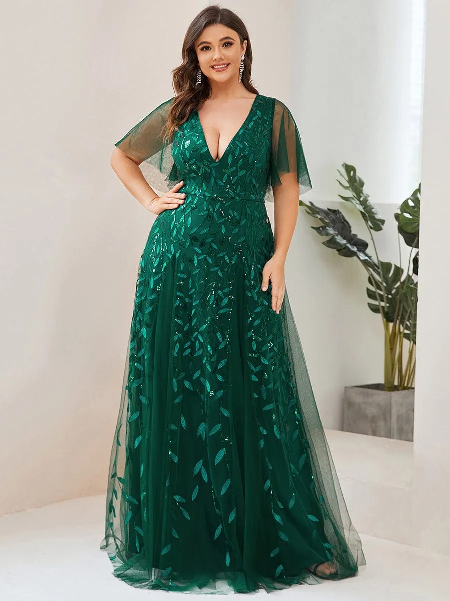 Romantic Shimmery V Neck Ruffle Sleeves Maxi Long Evening Gowns