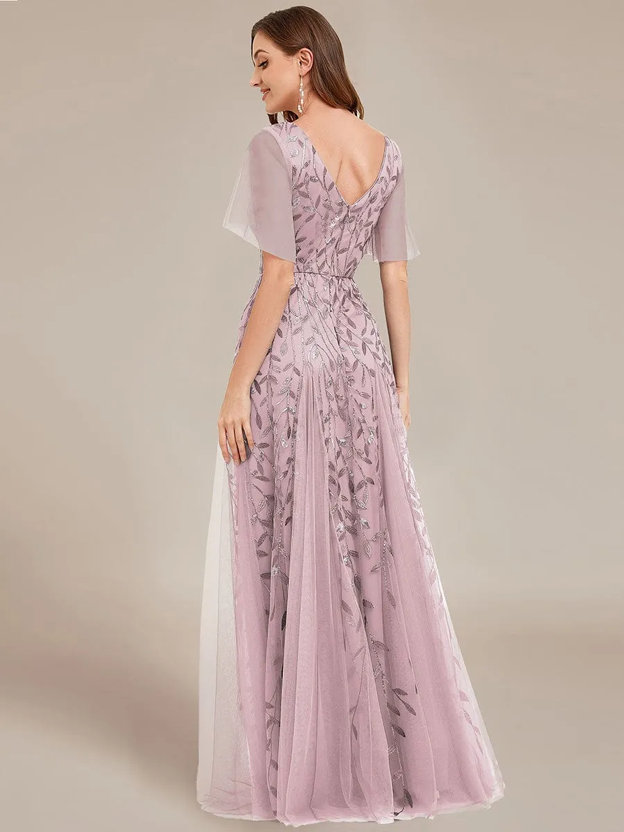 Romantic Shimmery V Neck Ruffle Sleeves Maxi Long Evening Gowns