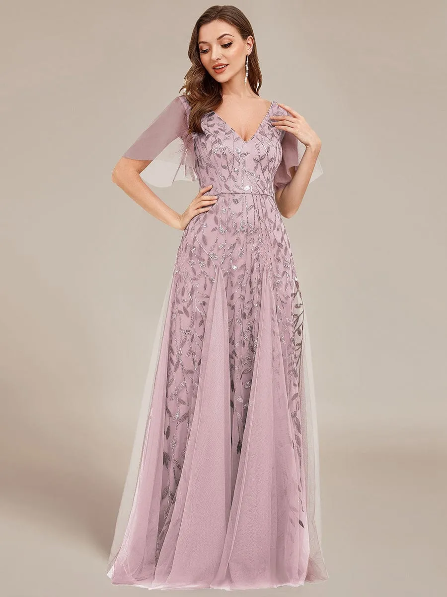 Romantic Shimmery V Neck Ruffle Sleeves Maxi Long Evening Gowns