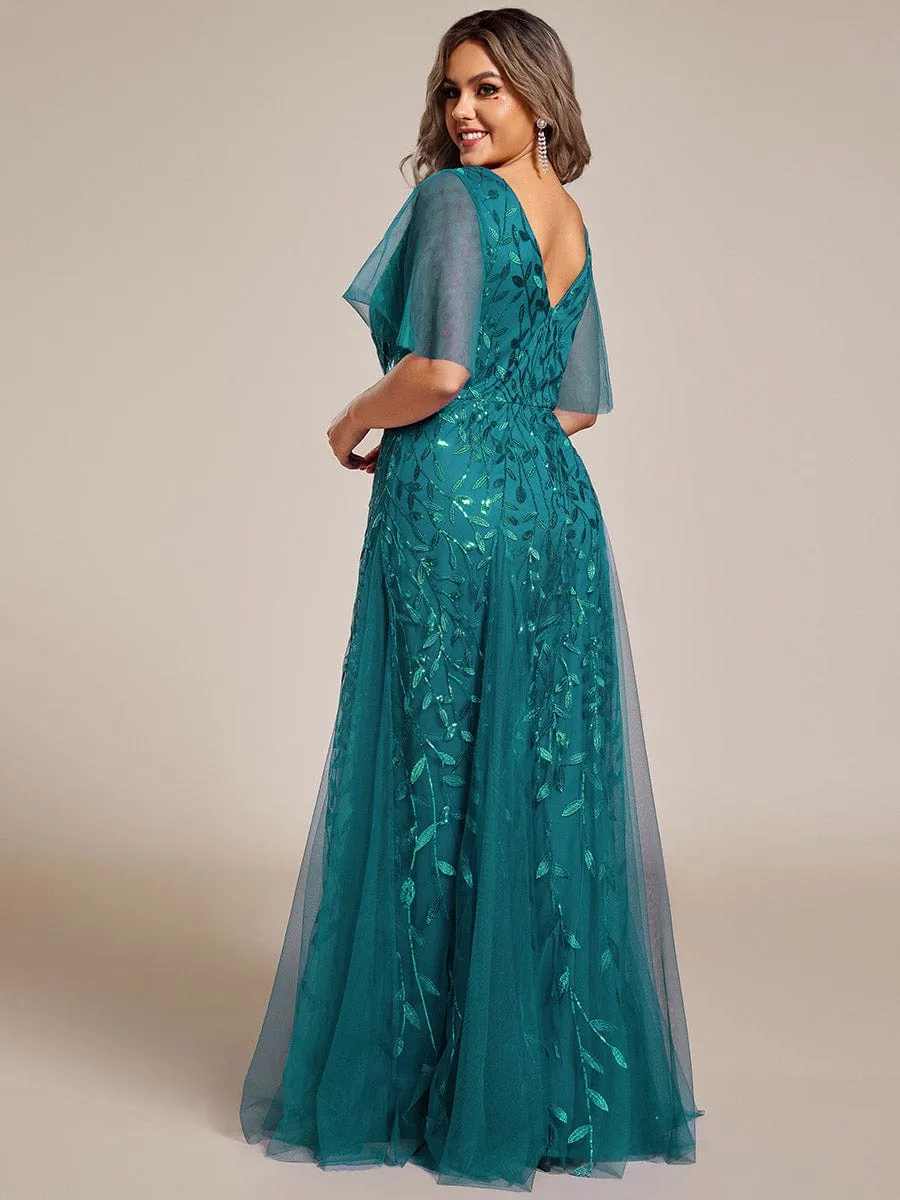 Romantic Shimmery V Neck Ruffle Sleeves Maxi Long Evening Gowns