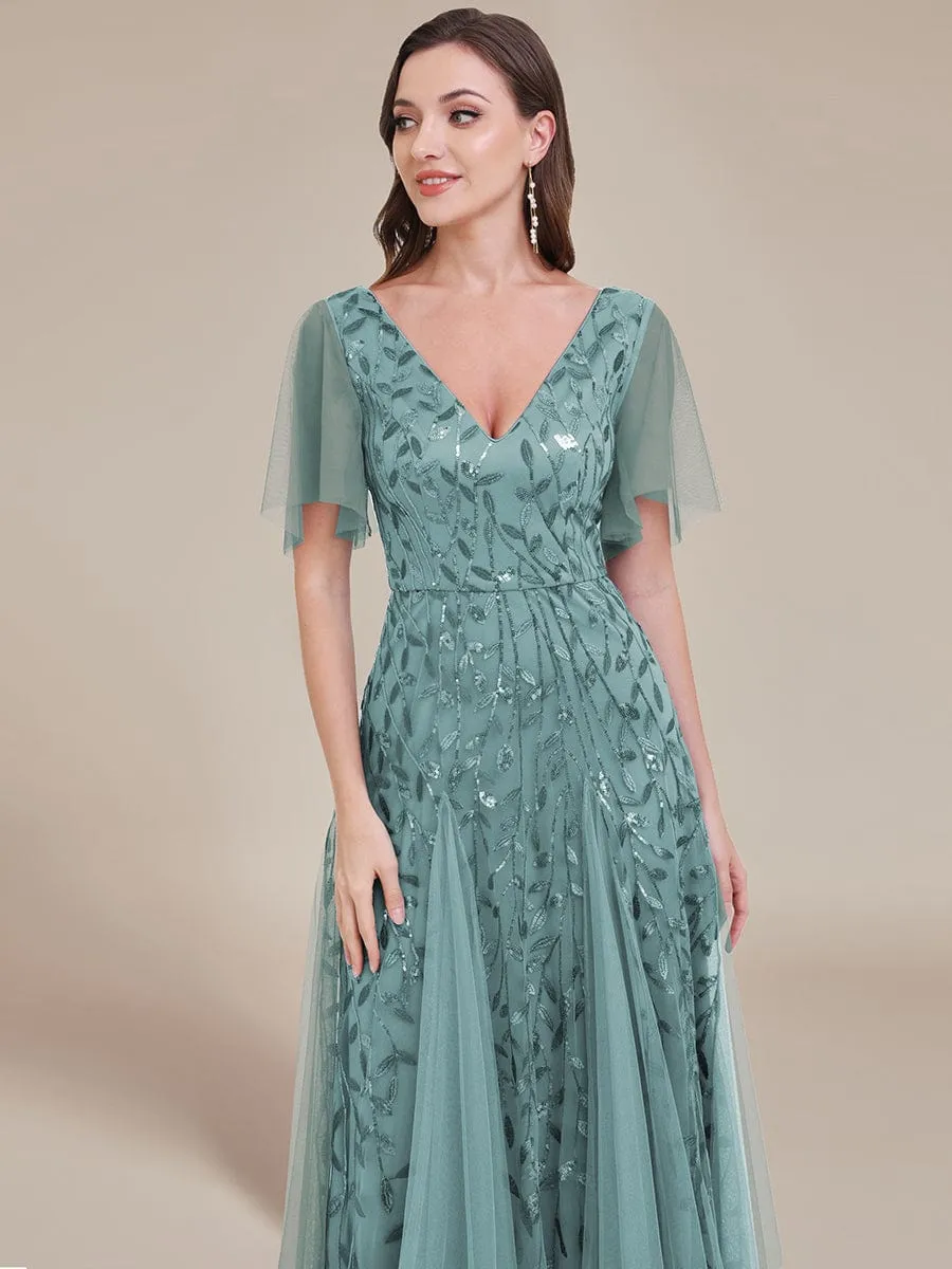 Romantic Shimmery V Neck Ruffle Sleeves Maxi Long Evening Gowns