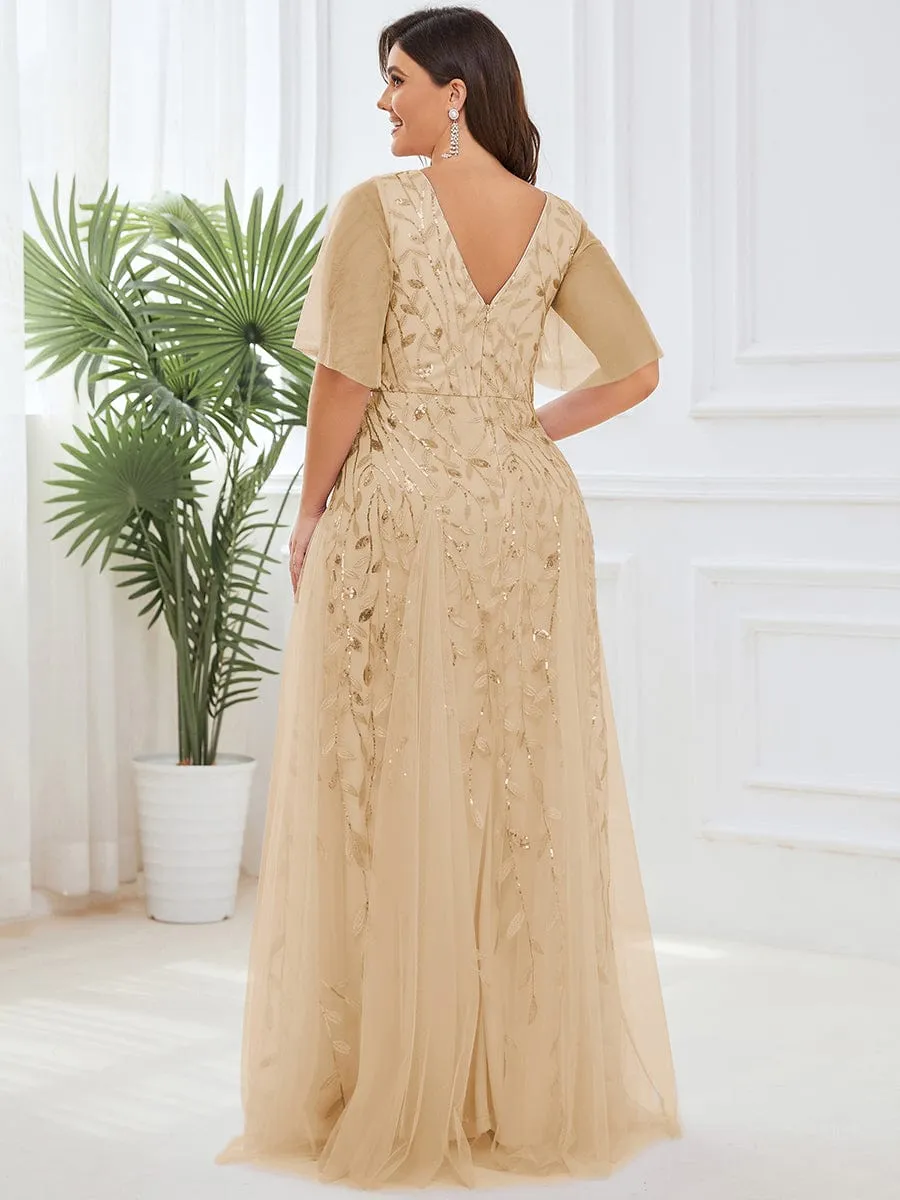 Romantic Shimmery V Neck Ruffle Sleeves Maxi Long Evening Gowns