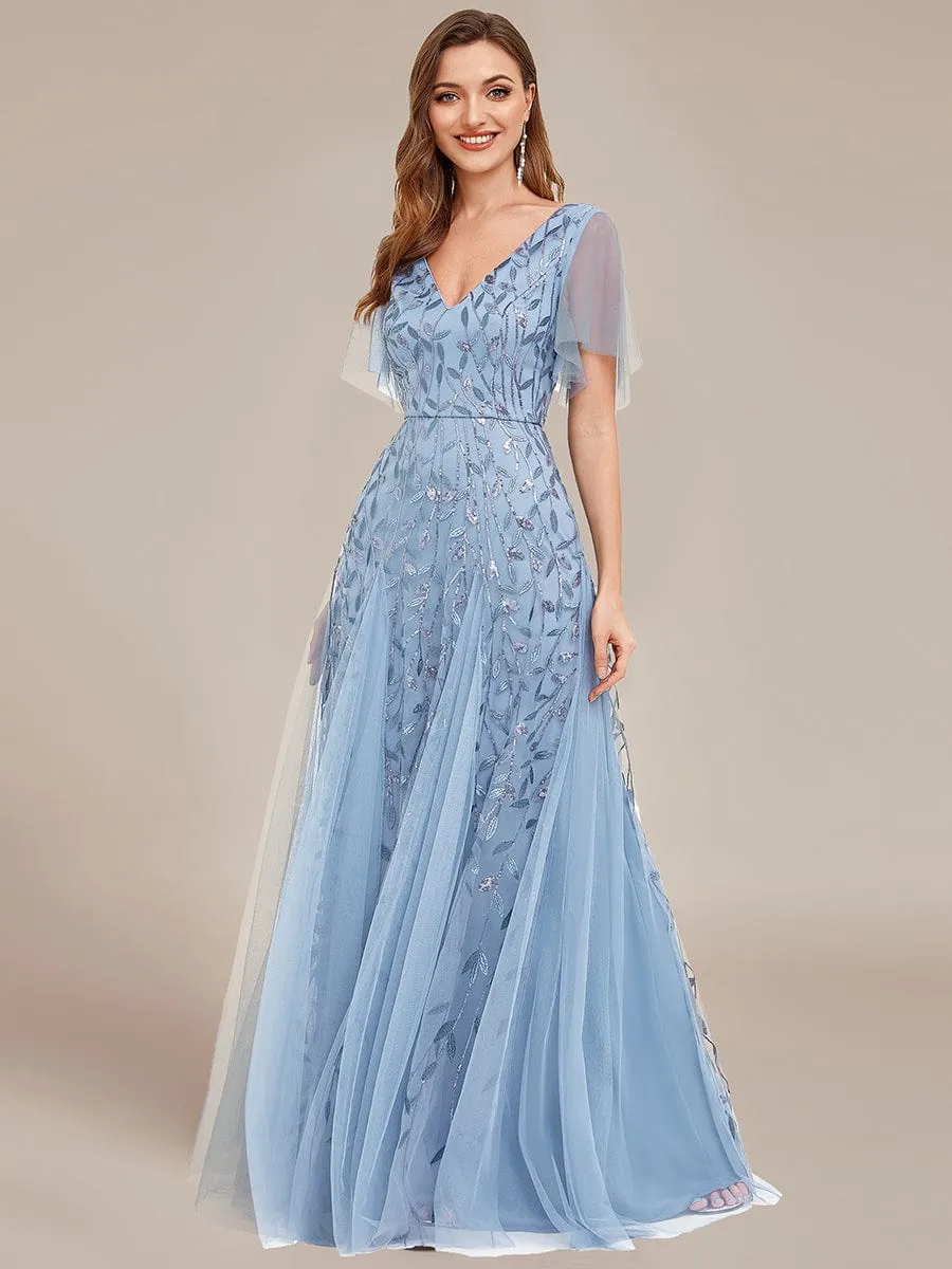 Romantic Shimmery V Neck Ruffle Sleeves Maxi Long Evening Gowns