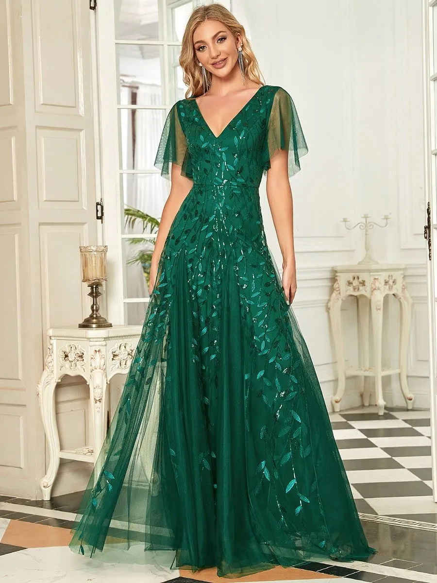 Romantic Shimmery V Neck Ruffle Sleeves Maxi Long Evening Gowns