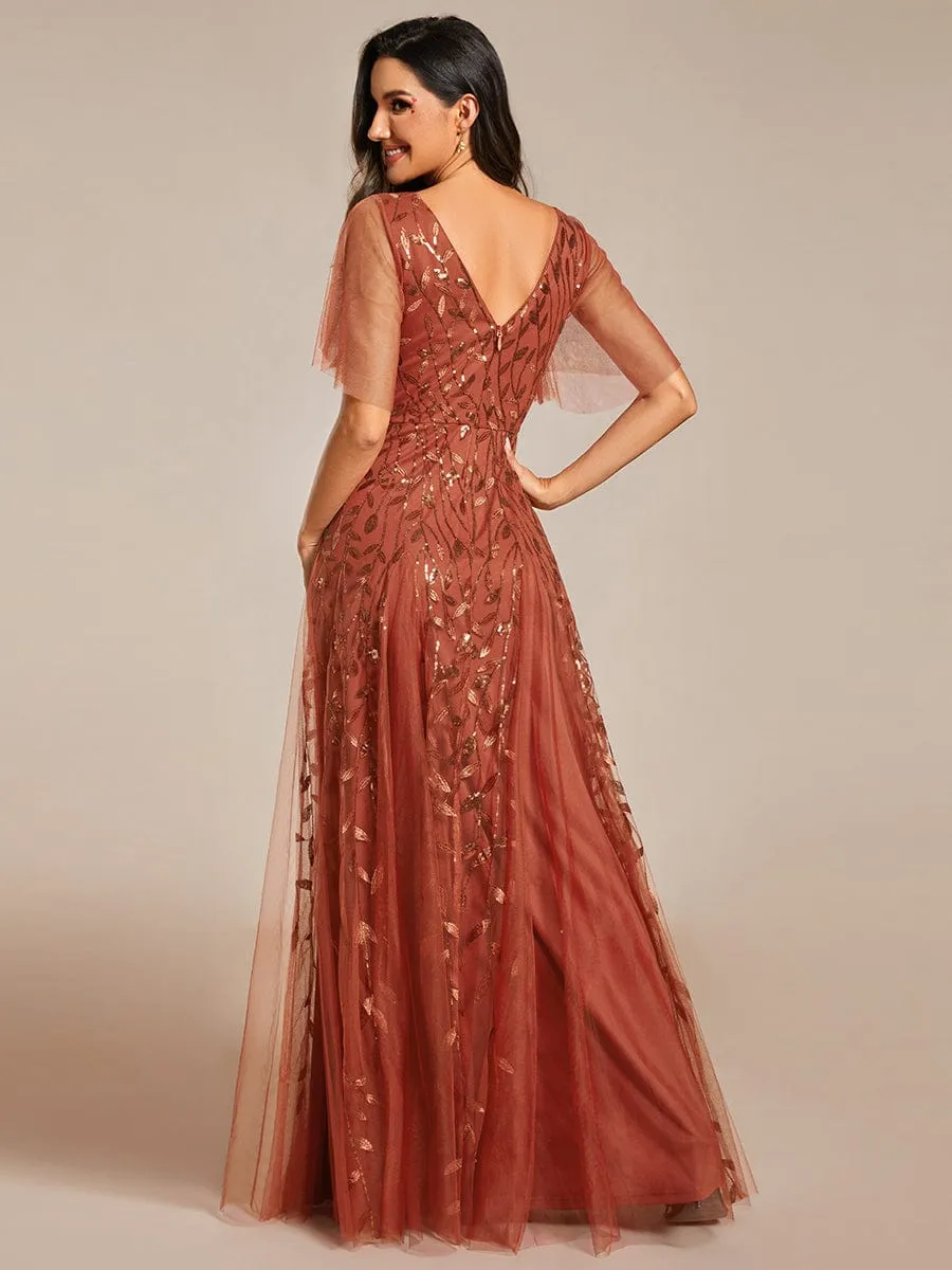 Romantic Shimmery V Neck Ruffle Sleeves Maxi Long Evening Gowns