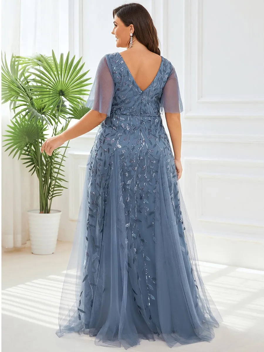 Romantic Shimmery V Neck Ruffle Sleeves Maxi Long Evening Gowns