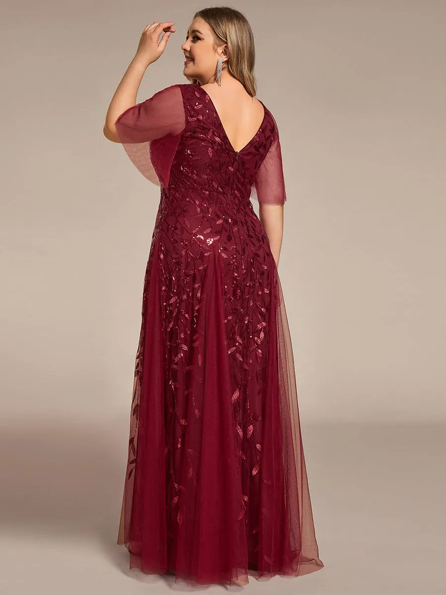 Romantic Shimmery V Neck Ruffle Sleeves Maxi Long Evening Gowns