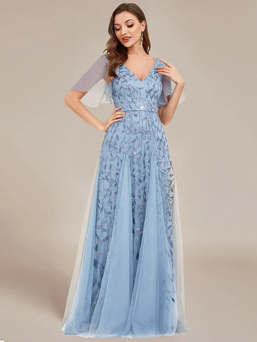 Romantic Shimmery V Neck Ruffle Sleeves Maxi Long Evening Gowns