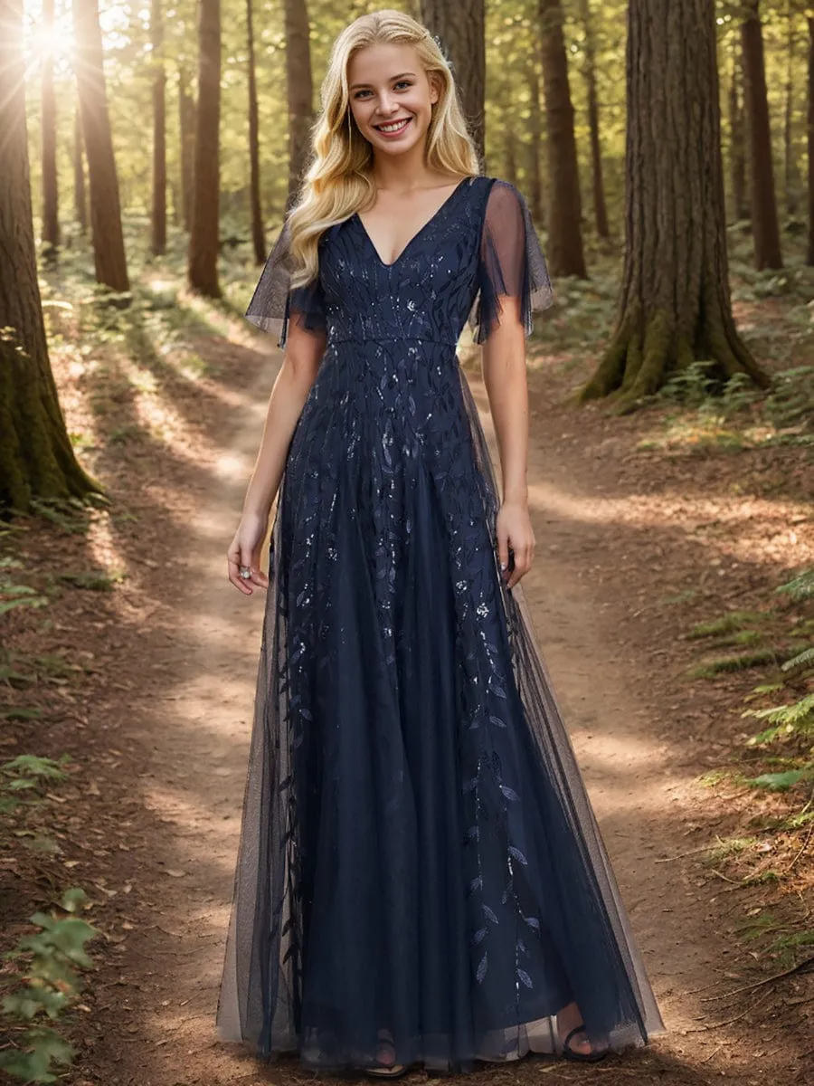 Romantic Shimmery V Neck Ruffle Sleeves Maxi Long Evening Gowns