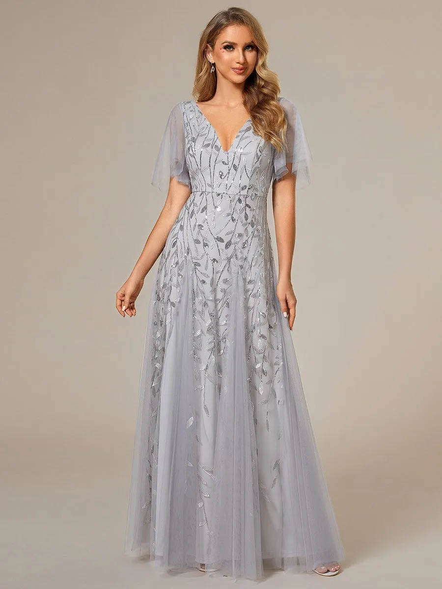 Romantic Shimmery V Neck Ruffle Sleeves Maxi Long Evening Gowns