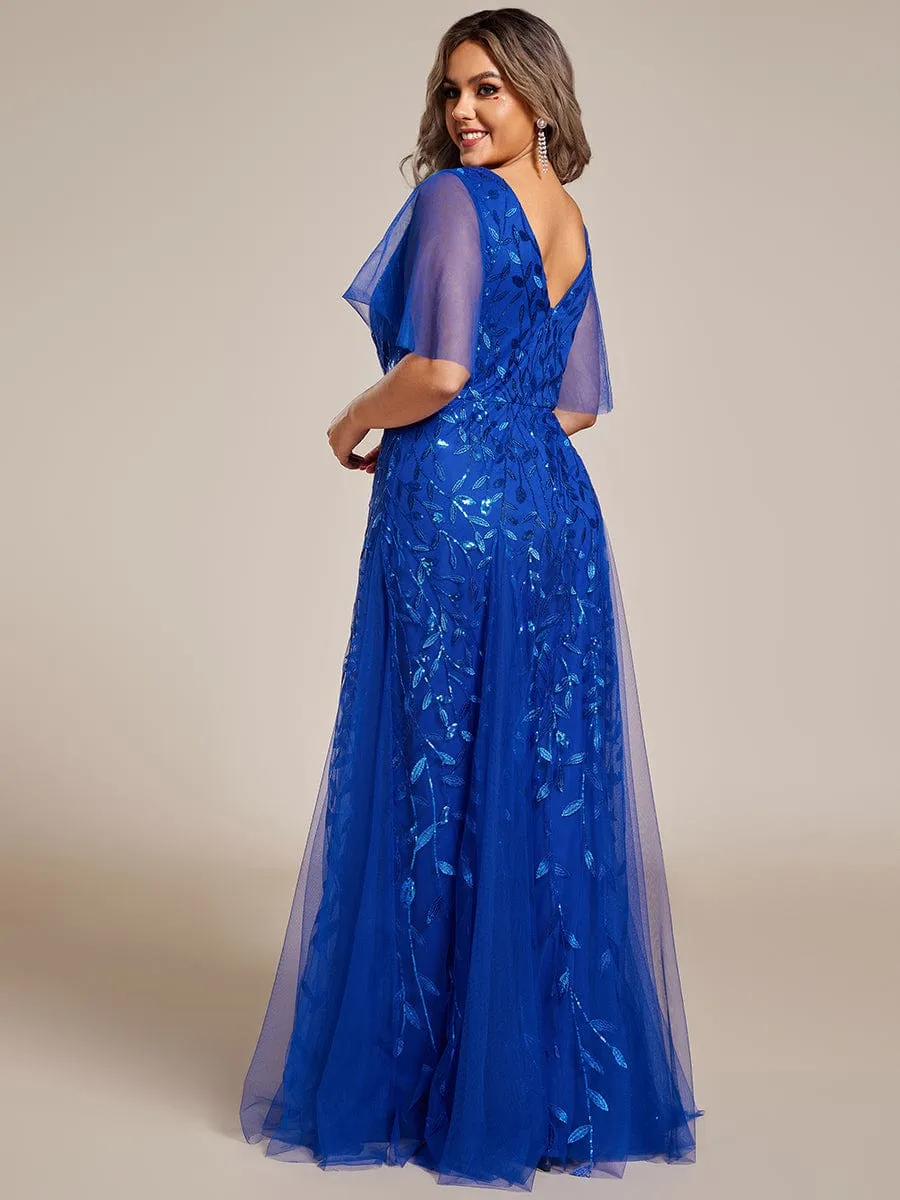 Romantic Shimmery V Neck Ruffle Sleeves Maxi Long Evening Gowns