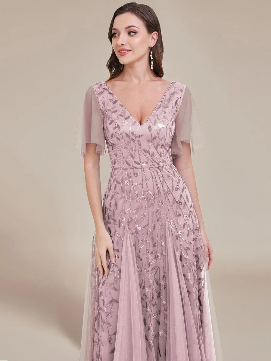 Romantic Shimmery V Neck Ruffle Sleeves Maxi Long Evening Gowns