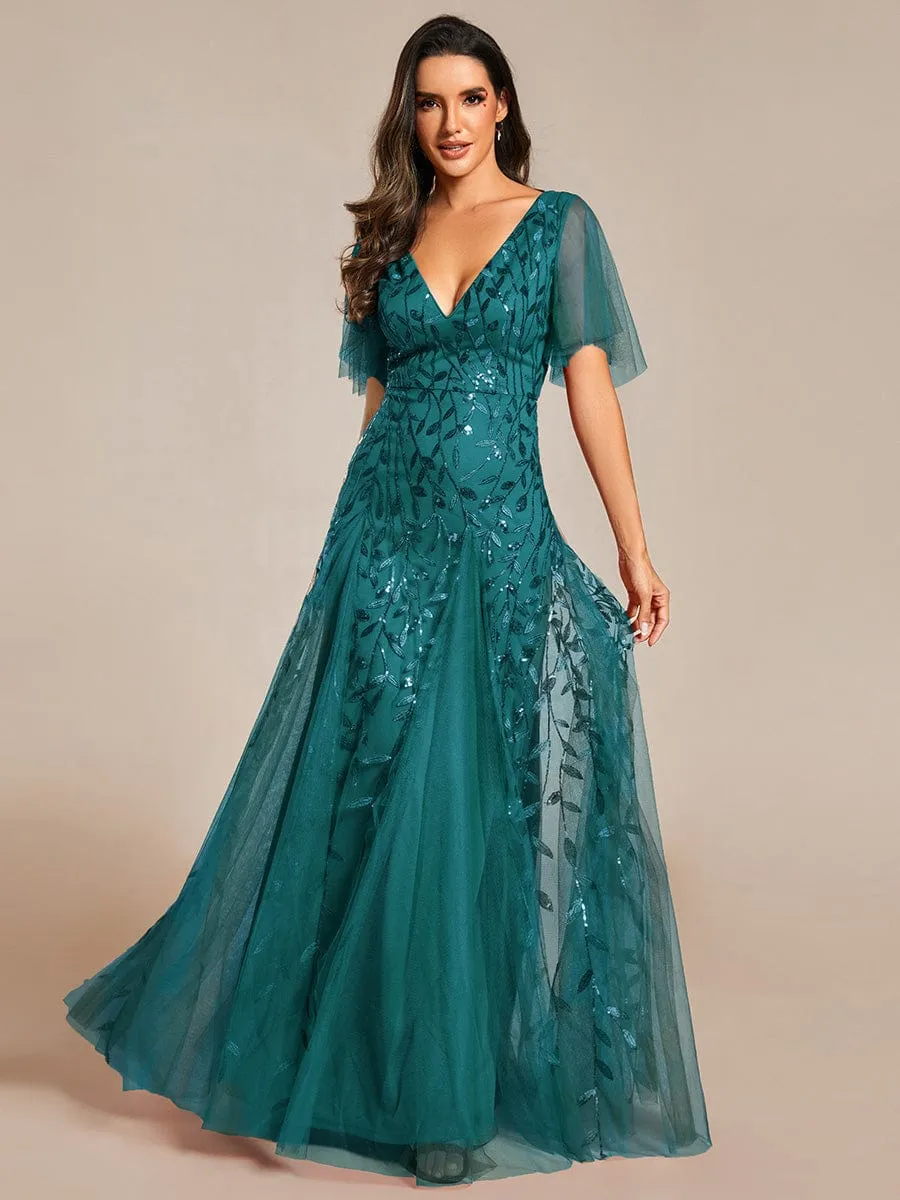 Romantic Shimmery V Neck Ruffle Sleeves Maxi Long Evening Gowns