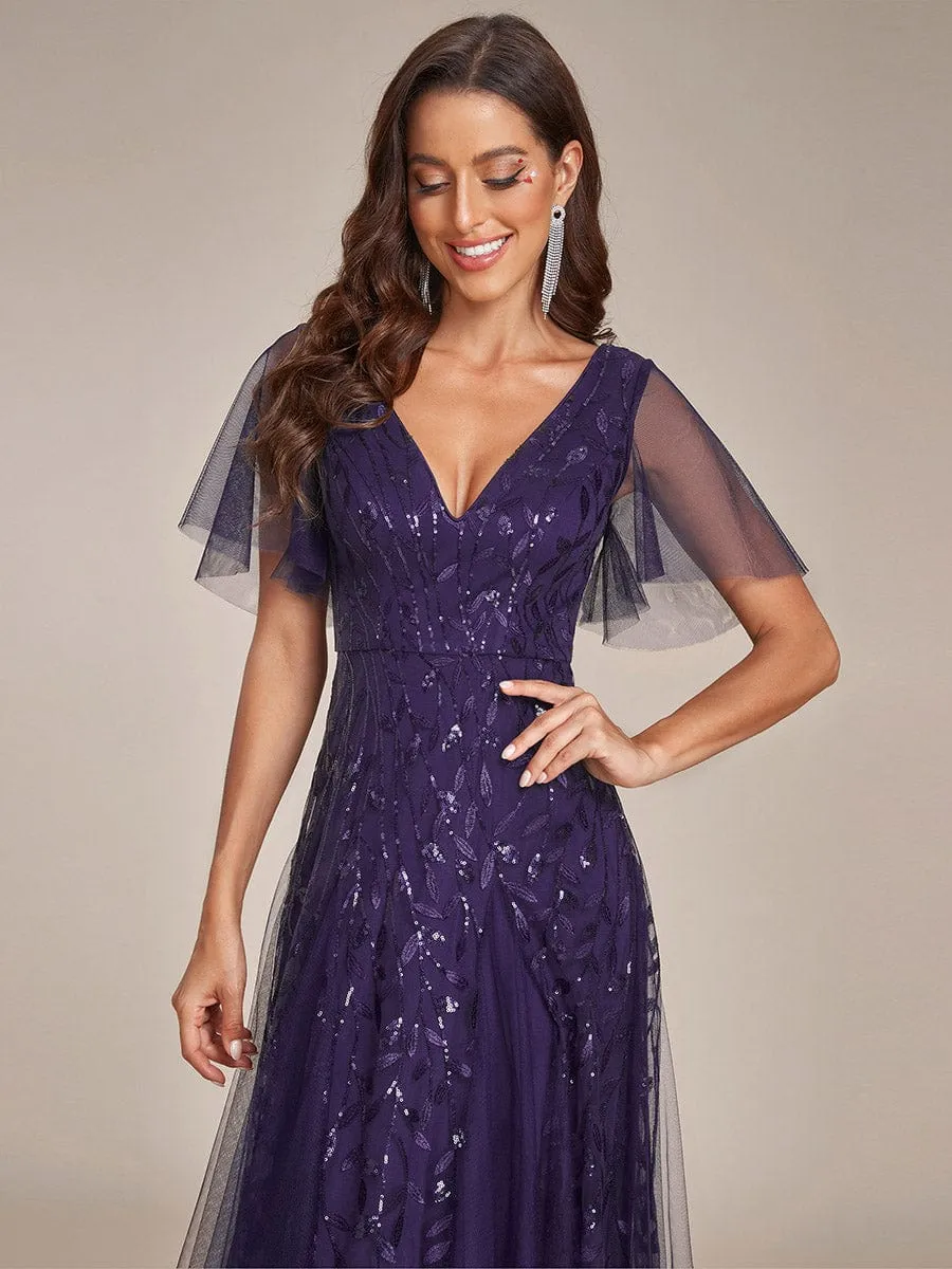 Romantic Shimmery V Neck Ruffle Sleeves Maxi Long Evening Gowns