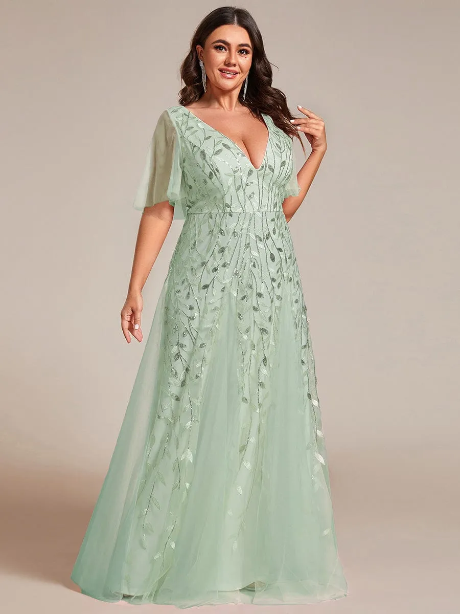 Romantic Shimmery V Neck Ruffle Sleeves Maxi Long Evening Gowns