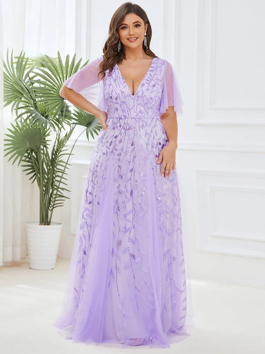 Romantic Shimmery V Neck Ruffle Sleeves Maxi Long Evening Gowns