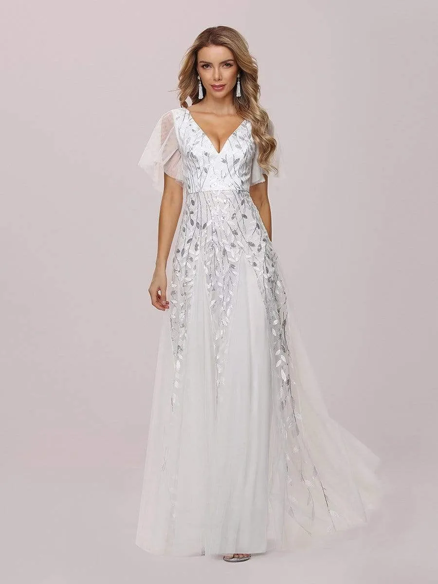 Romantic Shimmery V Neck Ruffle Sleeves Maxi Long Evening Gowns