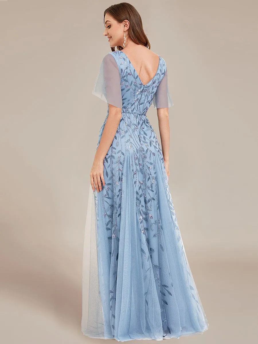 Romantic Shimmery V Neck Ruffle Sleeves Maxi Long Evening Gowns