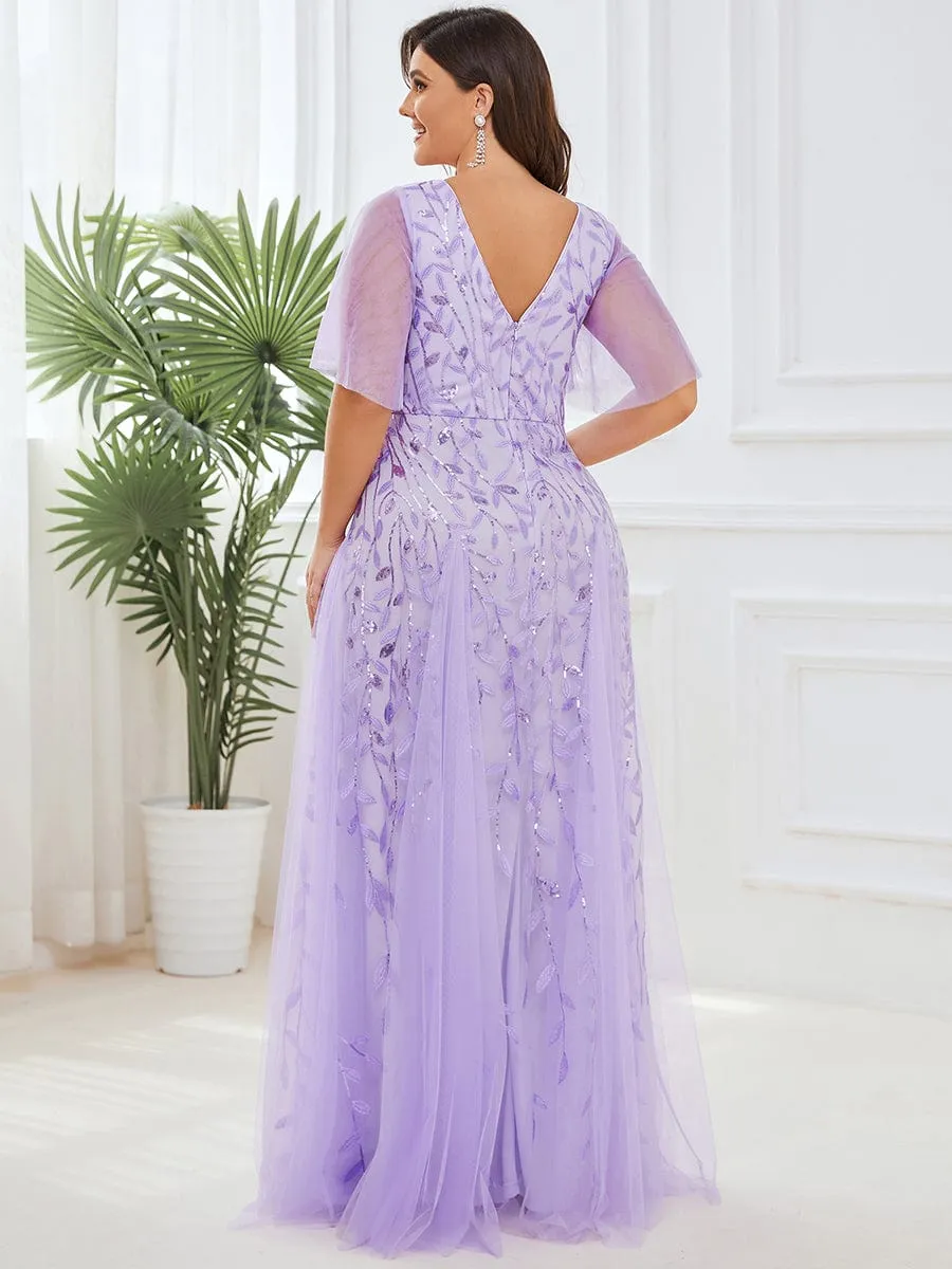 Romantic Shimmery V Neck Ruffle Sleeves Maxi Long Evening Gowns