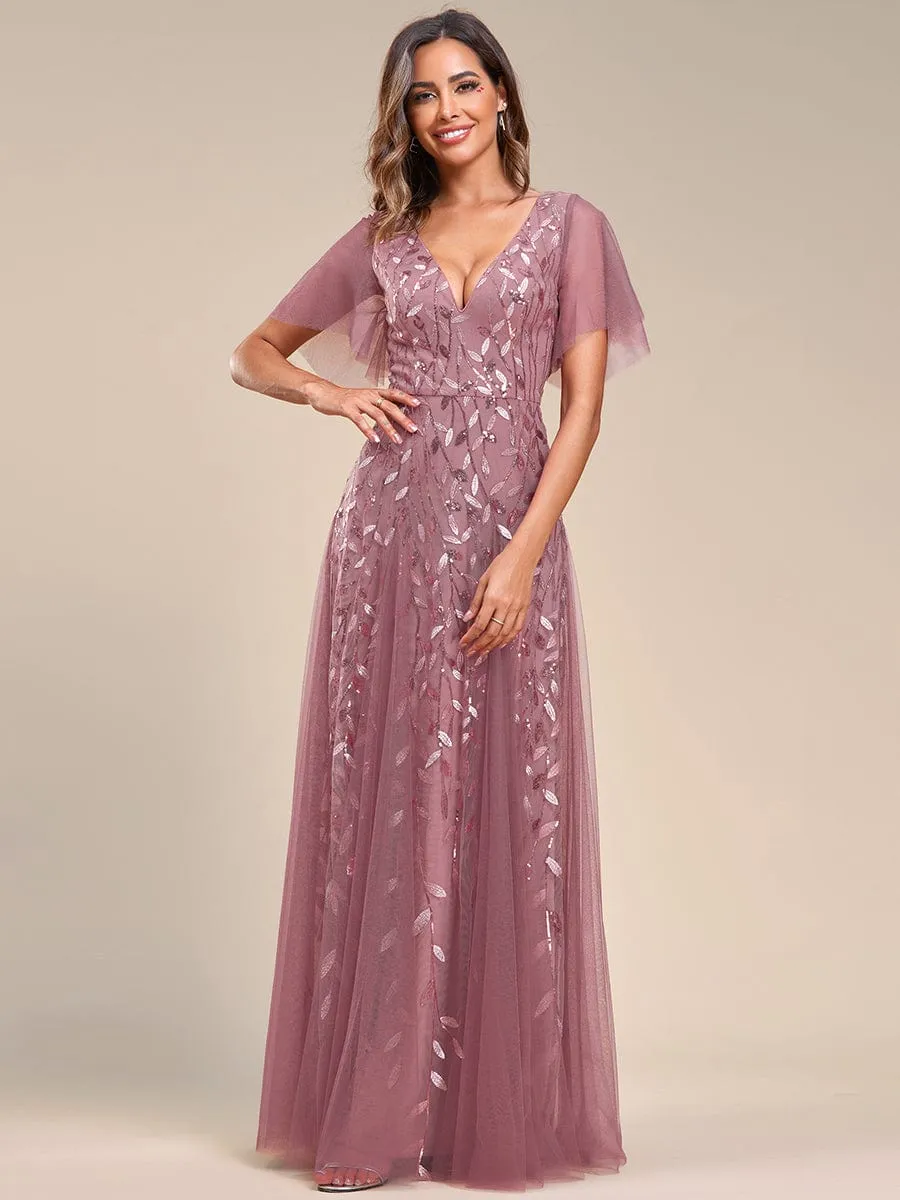 Romantic Shimmery V Neck Ruffle Sleeves Maxi Long Evening Gowns