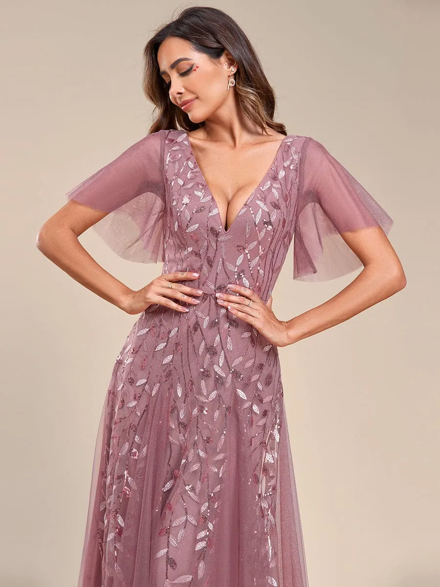 Romantic Shimmery V Neck Ruffle Sleeves Maxi Long Evening Gowns