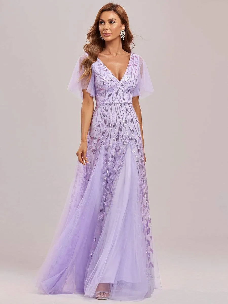 Romantic Shimmery V Neck Ruffle Sleeves Maxi Long Evening Gowns