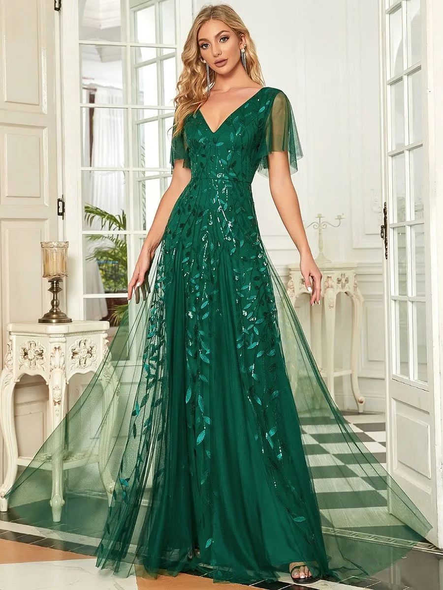 Romantic Shimmery V Neck Ruffle Sleeves Maxi Long Evening Gowns