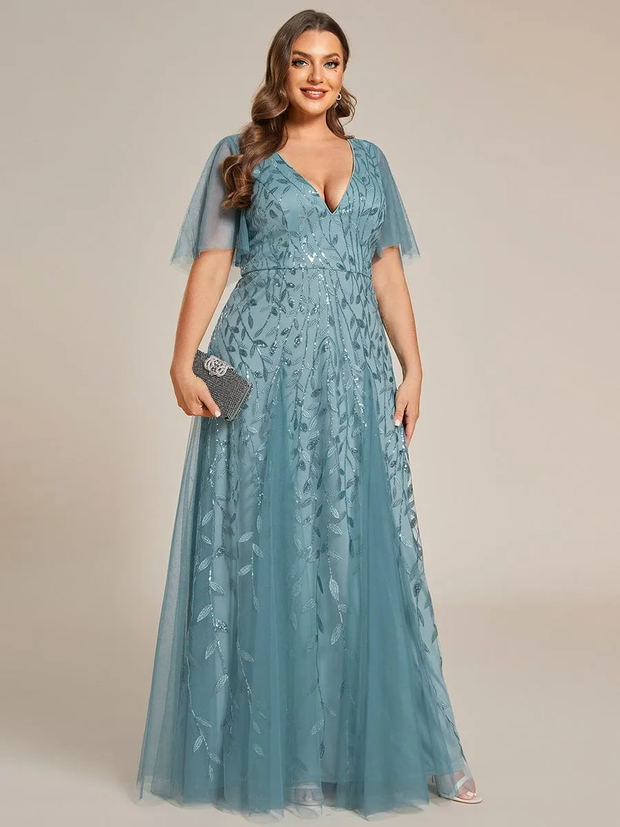 Romantic Shimmery V Neck Ruffle Sleeves Maxi Long Evening Gowns