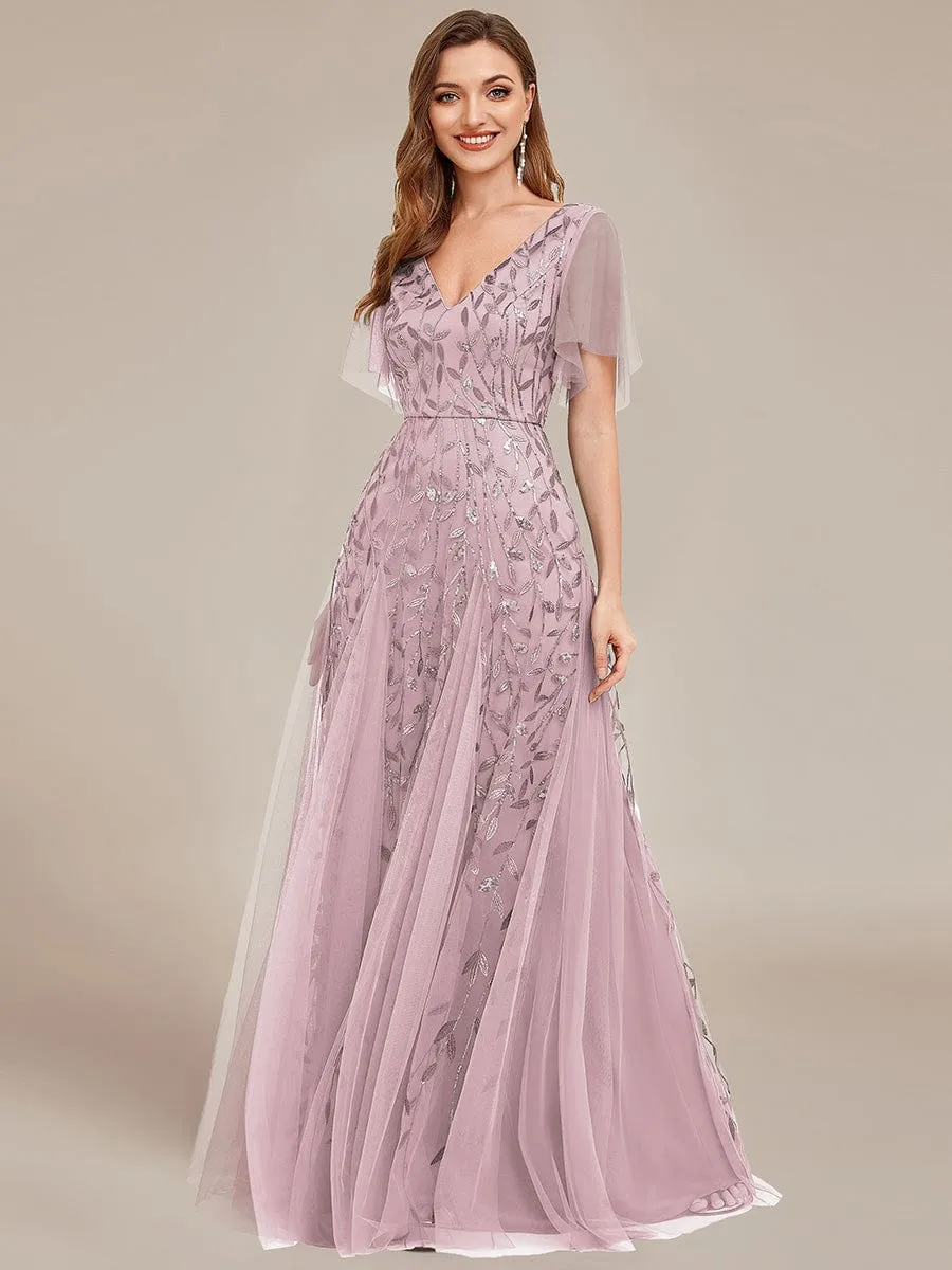 Romantic Shimmery V Neck Ruffle Sleeves Maxi Long Evening Gowns