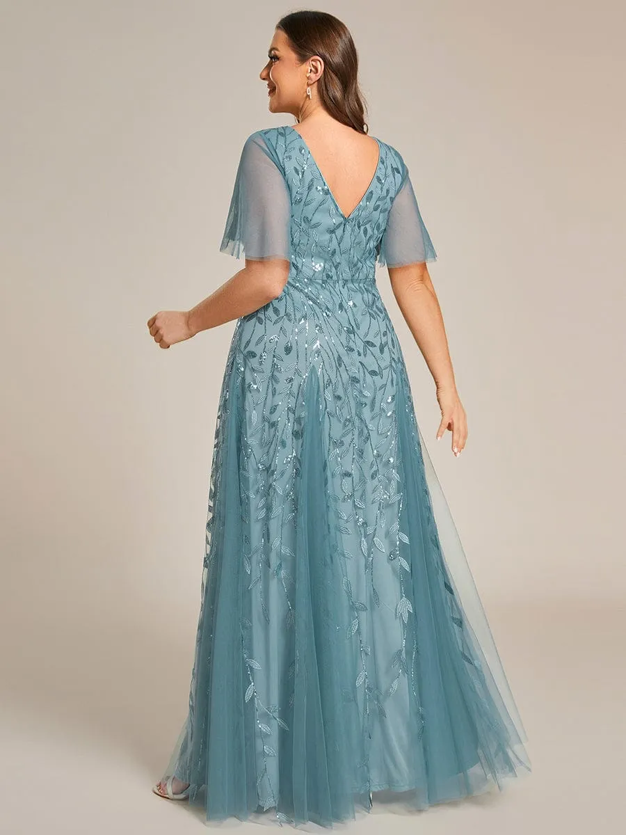 Romantic Shimmery V Neck Ruffle Sleeves Maxi Long Evening Gowns