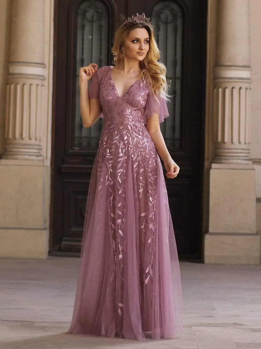 Romantic Shimmery V Neck Ruffle Sleeves Maxi Long Evening Gowns