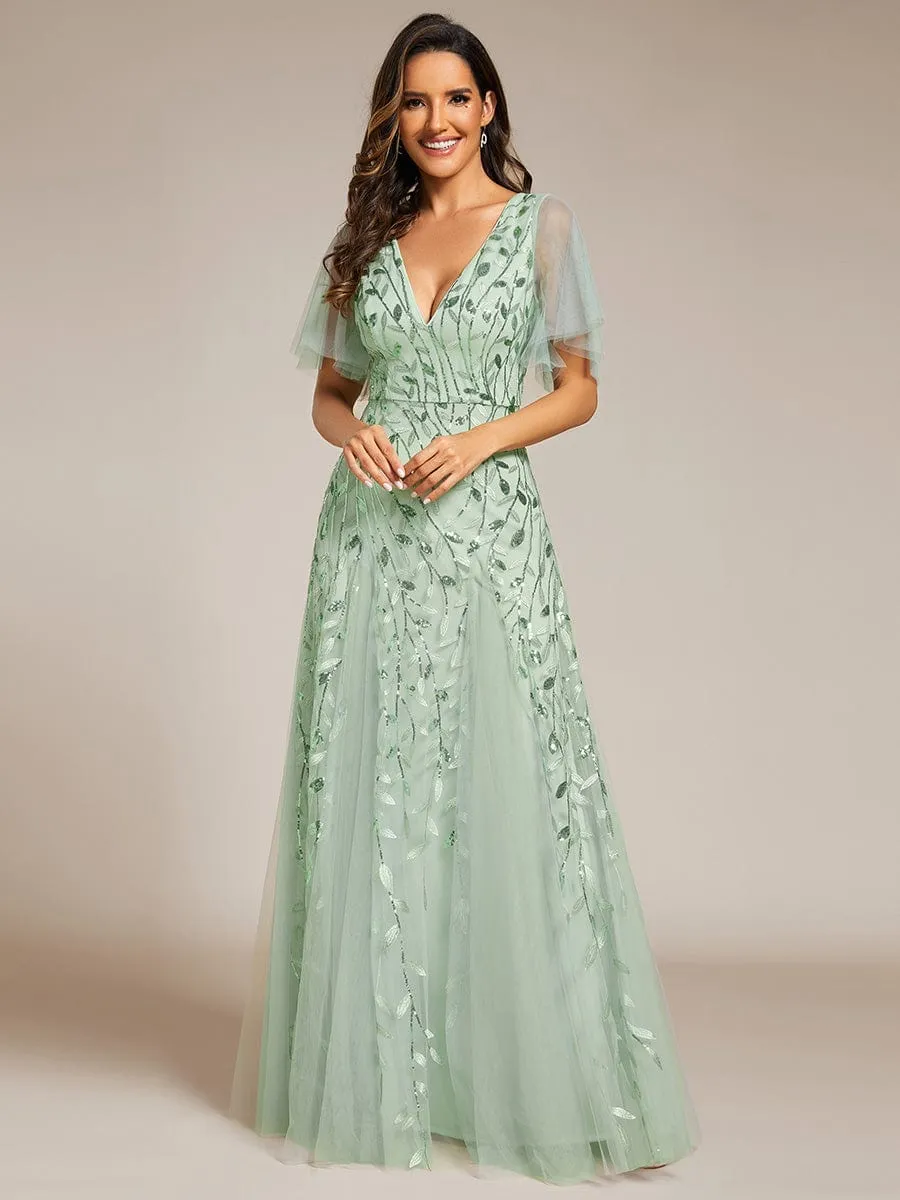 Romantic Shimmery V Neck Ruffle Sleeves Maxi Long Evening Gowns