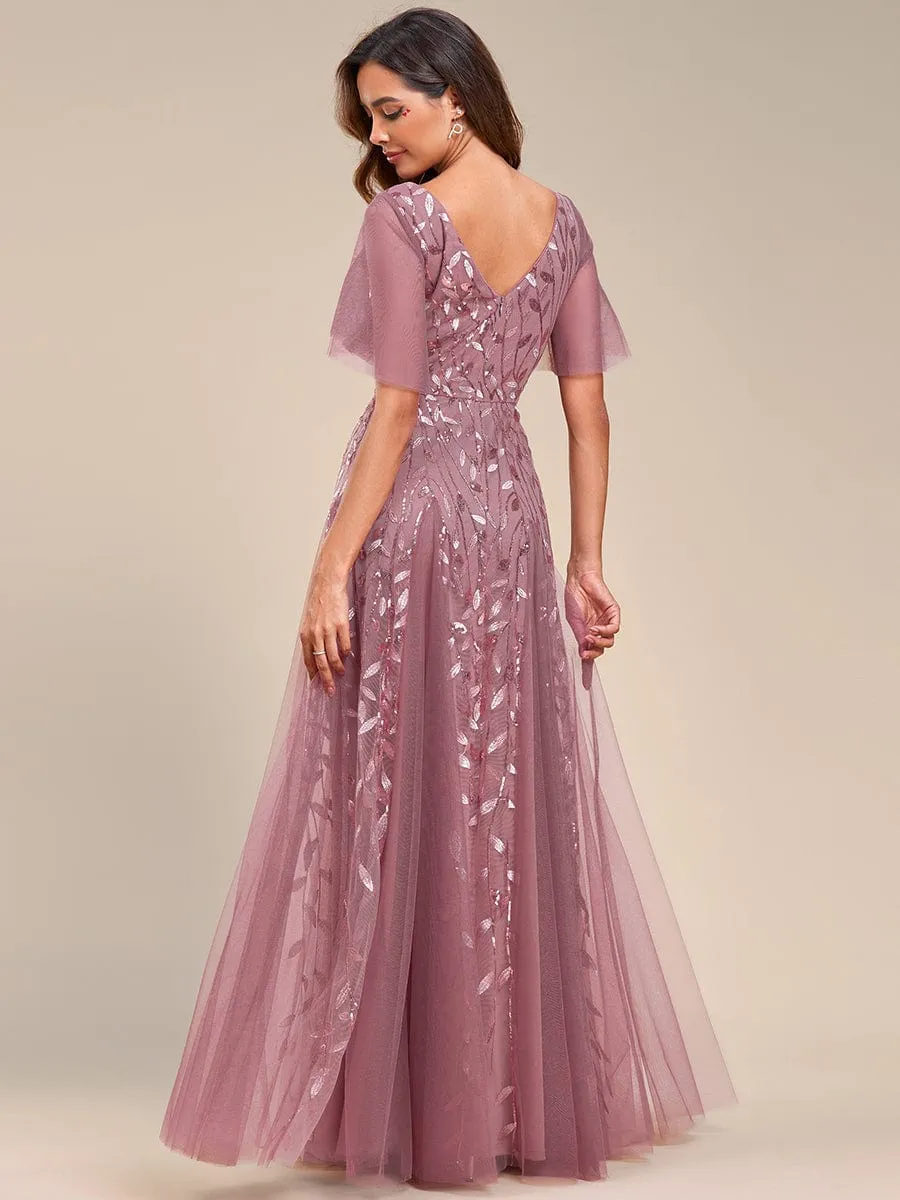 Romantic Shimmery V Neck Ruffle Sleeves Maxi Long Evening Gowns